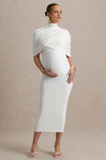 Augustina White Maternity Midi Dress With Cape – front view