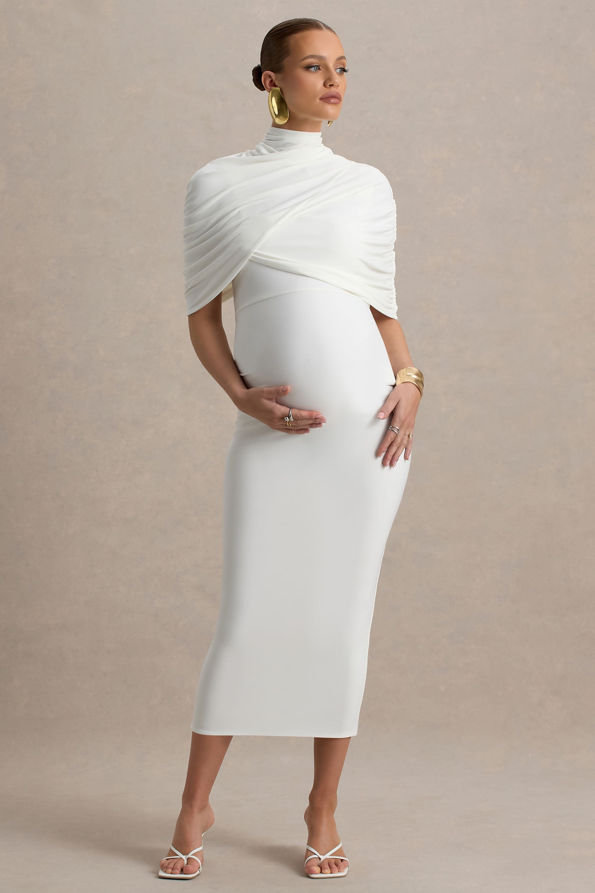 Augustina White Maternity Midi Dress With Cape – front view