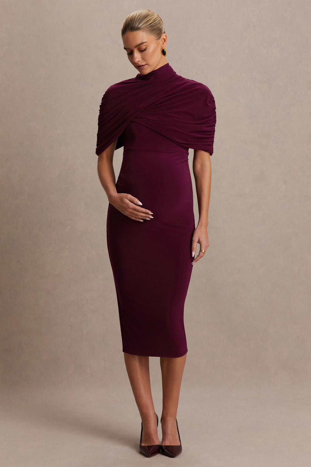 Augustina Burgundy Maternity Midi Dress With Cape – side view