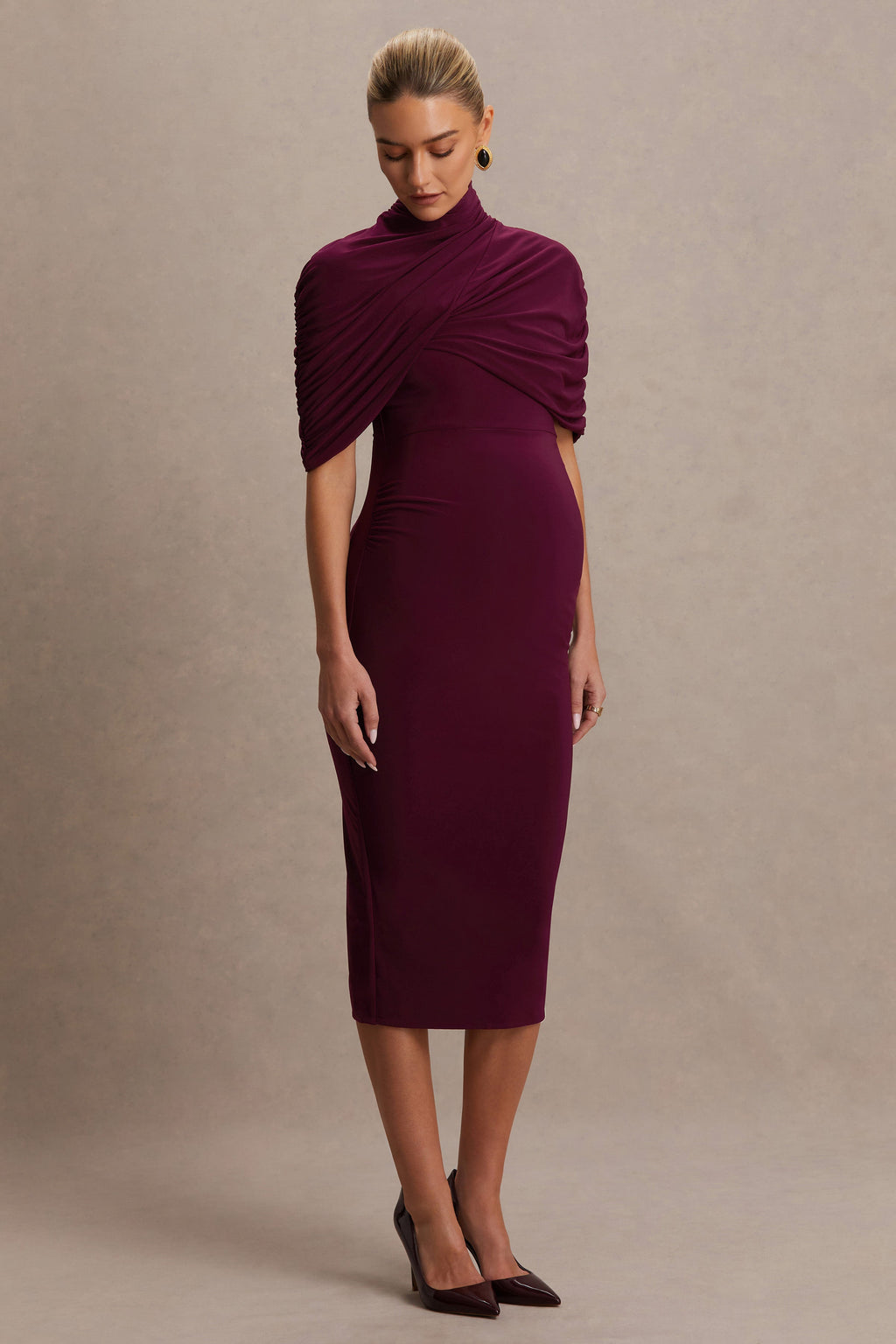 Augustina Burgundy Maternity Midi Dress With Cape – back view