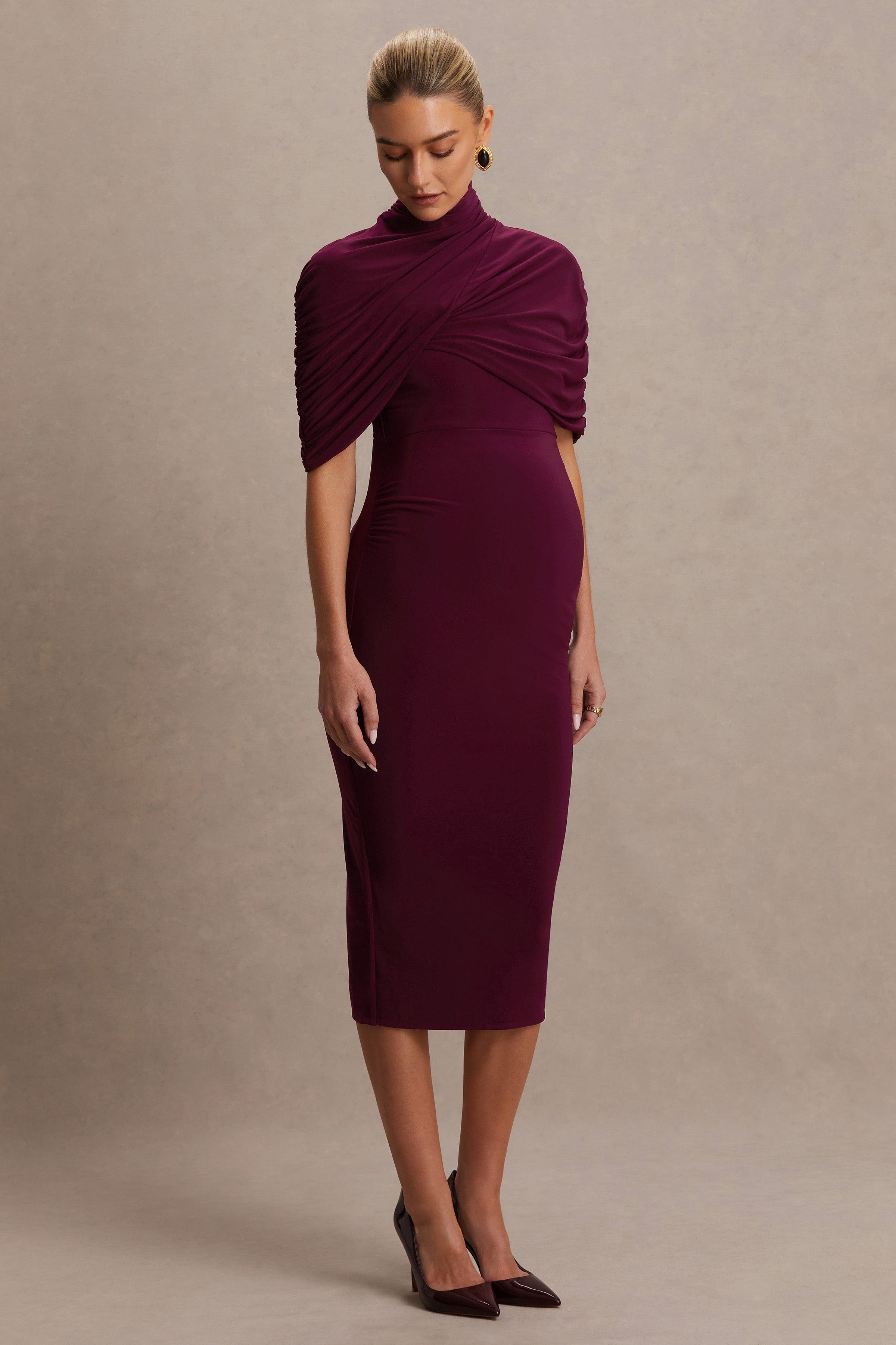 Augustina Burgundy Maternity Midi Dress With Cape – back view
