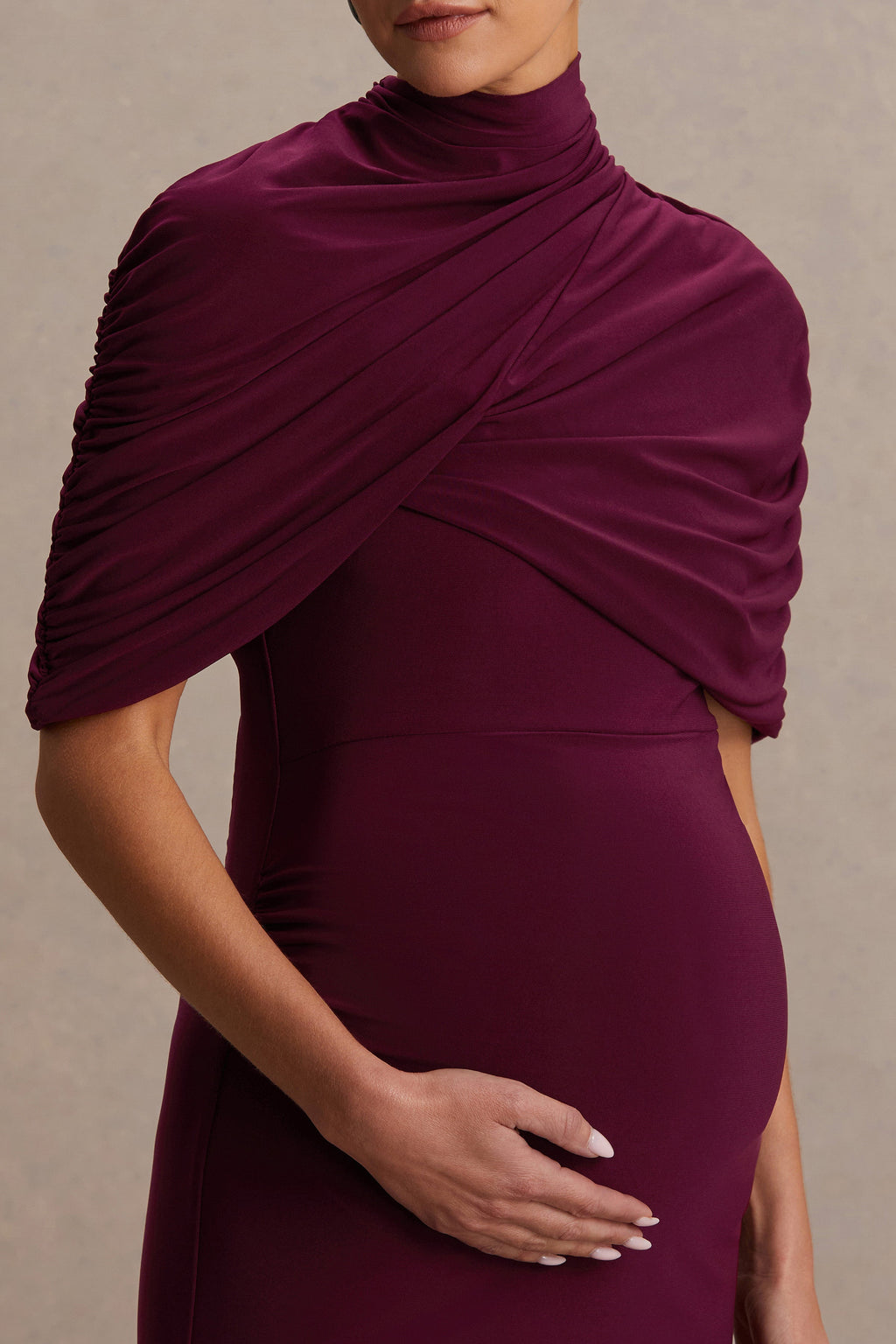 Augustina Burgundy Maternity Midi Dress With Cape – detail shot
