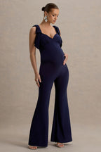 Driftly | Impeccable Navy Sweetheart Bow Strap Maternity Jumpsuit