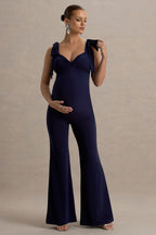 Driftly | Impeccable Navy Sweetheart Bow Strap Maternity Jumpsuit