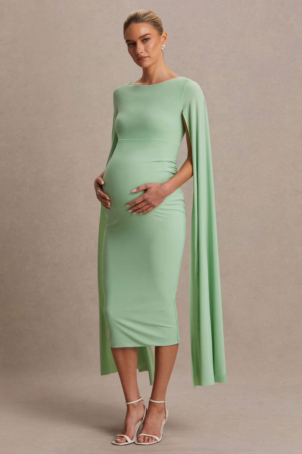 Providence Light Green High-Neck Maternity Midi Dress With Cape Sleeves – front view