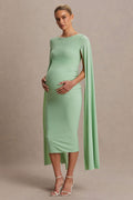 Providence Light Green High-Neck Maternity Midi Dress With Cape Sleeves – front view