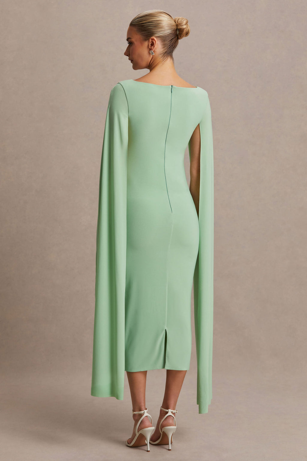 Providence Light Green High-Neck Maternity Midi Dress With Cape Sleeves – lifestyle photo