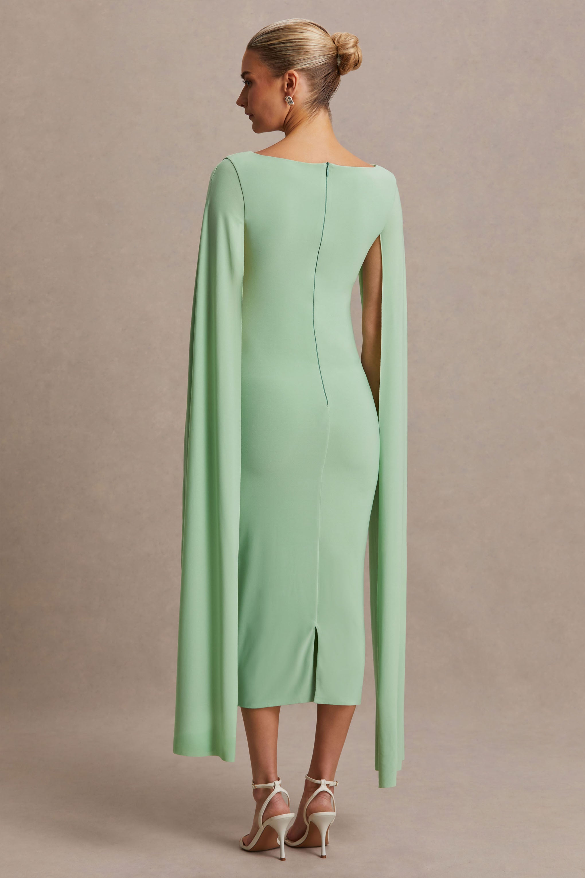 Providence Light Green High-Neck Maternity Midi Dress With Cape Sleeves – lifestyle photo
