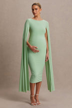Providence Light Green High-Neck Maternity Midi Dress With Cape Sleeves – side view