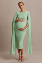 Providence Light Green High-Neck Maternity Midi Dress With Cape Sleeves – back view