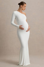 Heloise White Asymmetric One-Sleeve Maternity Maxi Dress – front view