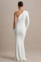 Heloise White Asymmetric One-Sleeve Maternity Maxi Dress – lifestyle photo