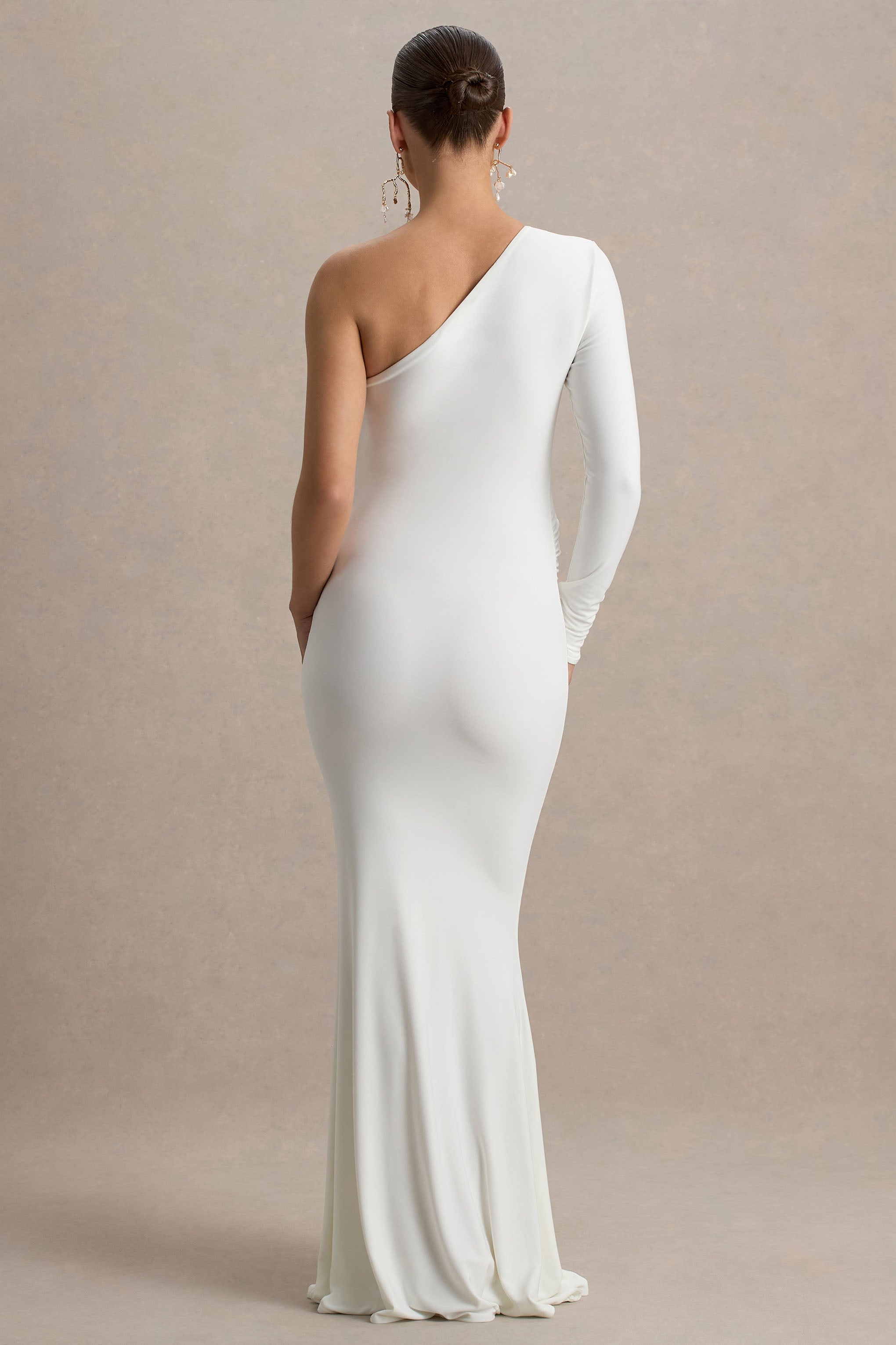 Heloise White Asymmetric One-Sleeve Maternity Maxi Dress – lifestyle photo