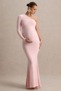 Heloise Pink Asymmetric One-Sleeve Maternity Maxi Dress – front view