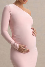 Heloise Pink Asymmetric One-Sleeve Maternity Maxi Dress – detail shot