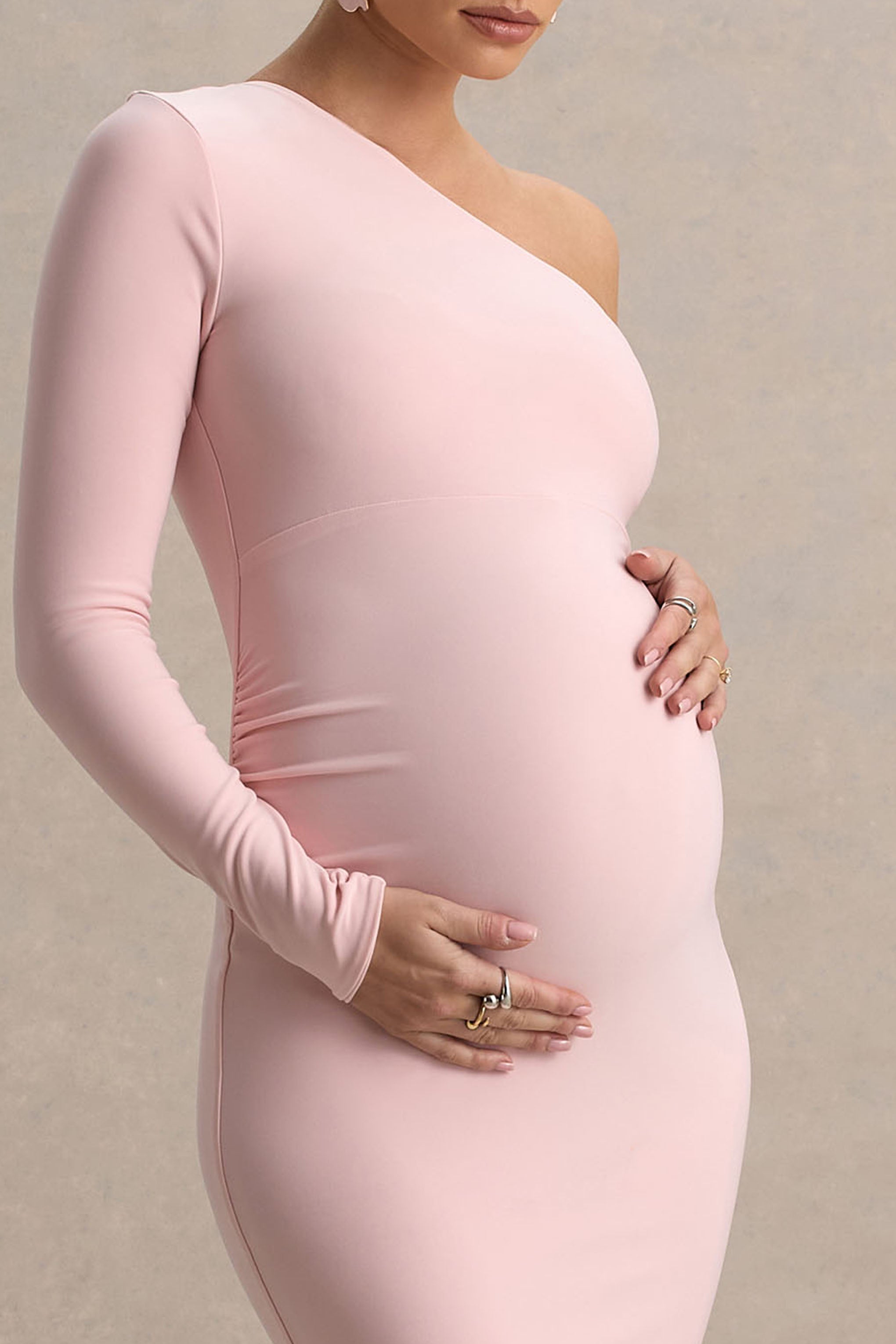 Heloise Pink Asymmetric One-Sleeve Maternity Maxi Dress – detail shot