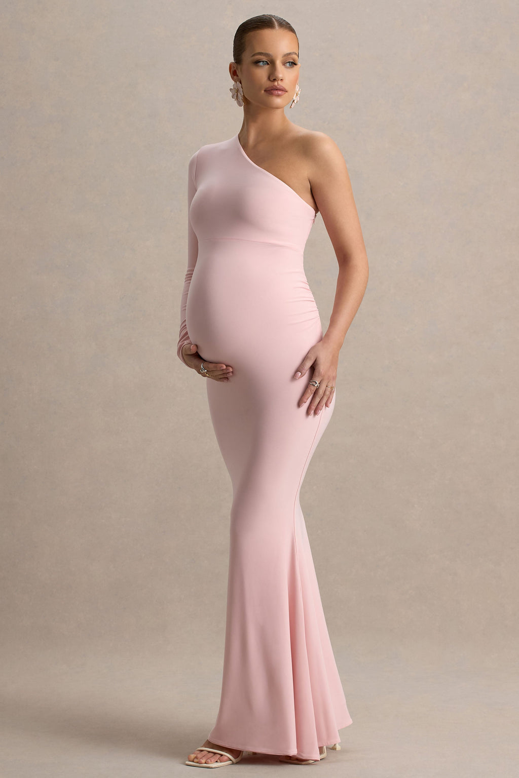 Heloise Pink Asymmetric One-Sleeve Maternity Maxi Dress – back view