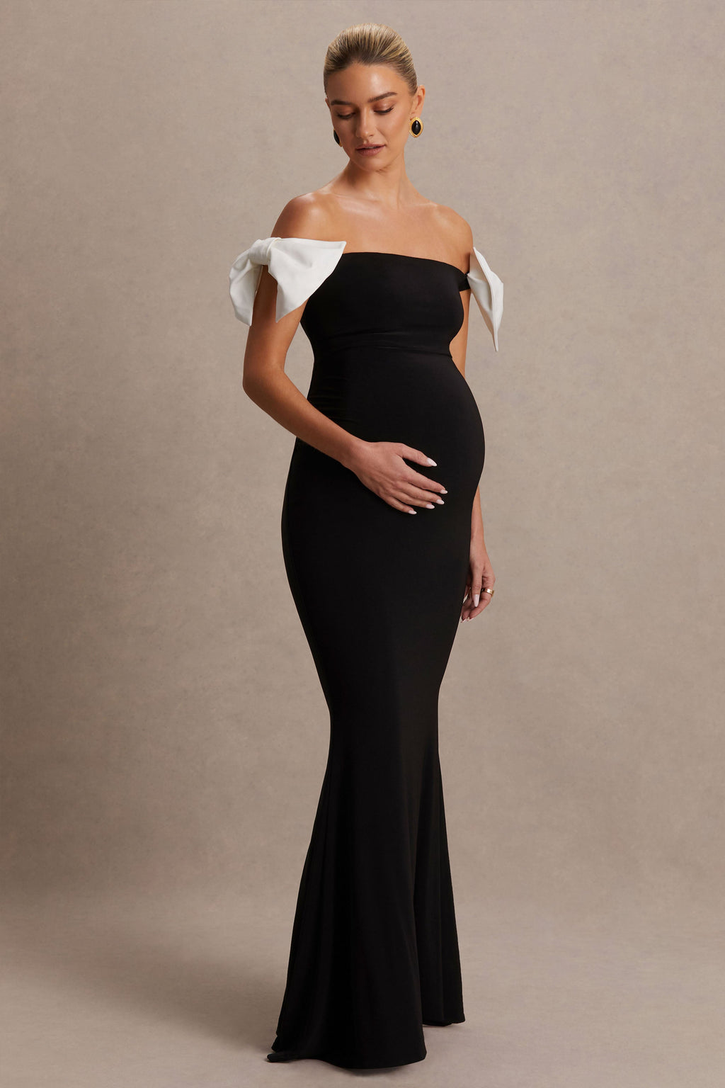 Didi Black & White Bardot Bow Detail Maternity Maxi Dress – front view