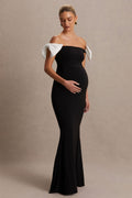 Didi Black & White Bardot Bow Detail Maternity Maxi Dress – front view