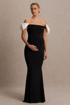 Didi Black & White Bardot Bow Detail Maternity Maxi Dress – side view