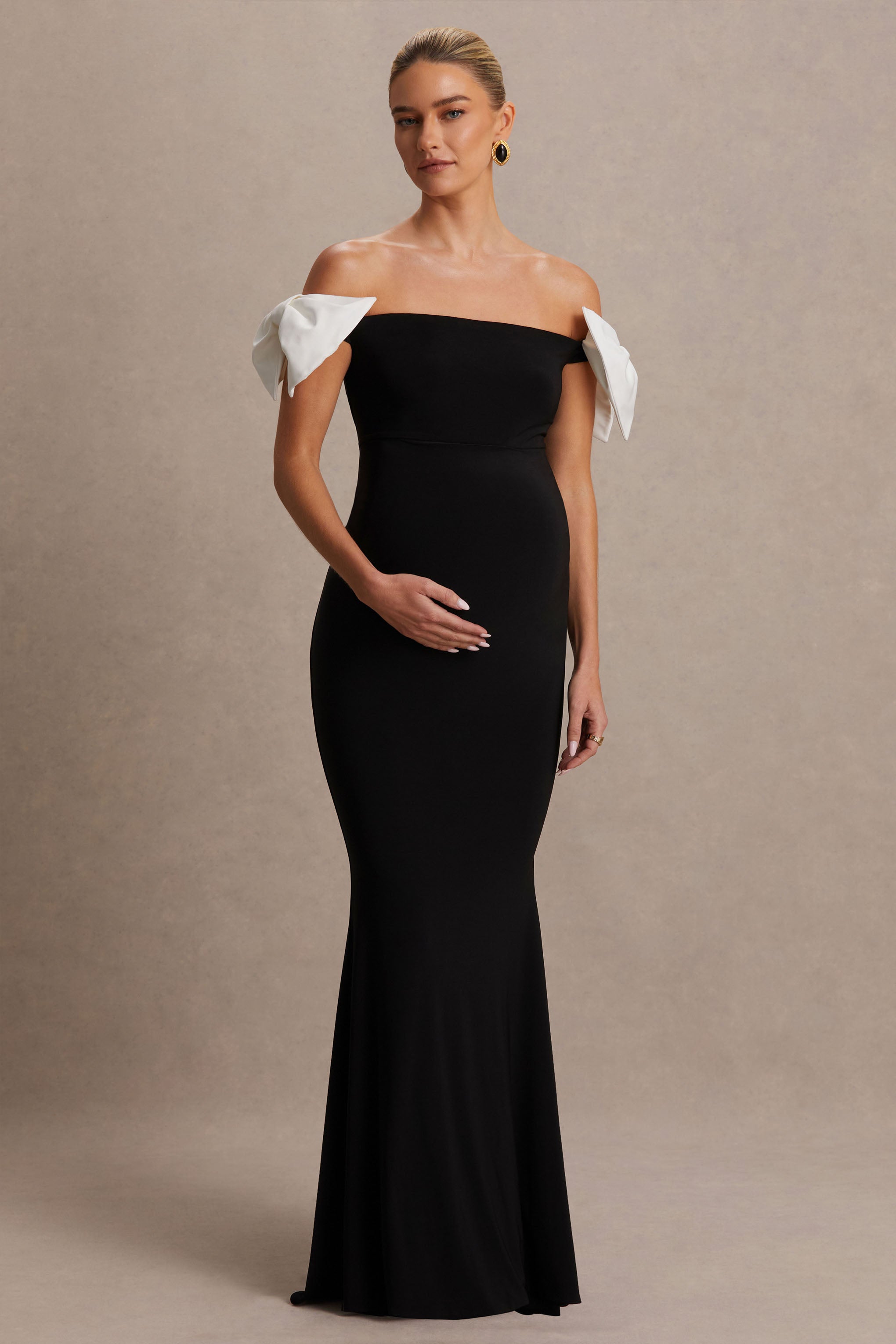 Didi Black & White Bardot Bow Detail Maternity Maxi Dress – side view