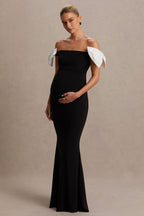 Didi Black & White Bardot Bow Detail Maternity Maxi Dress – back view