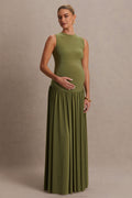 Outline Olive Crew-Neck Maternity Maxi Dress With Pleated Skirt – front view