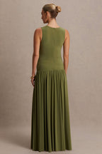 Outline Olive Crew-Neck Maternity Maxi Dress With Pleated Skirt – lifestyle photo