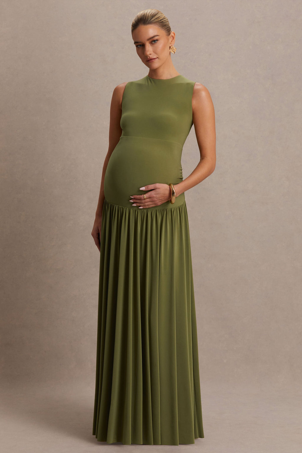 Outline Olive Crew-Neck Maternity Maxi Dress With Pleated Skirt – side view