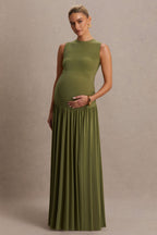 Outline Olive Crew-Neck Maternity Maxi Dress With Pleated Skirt – side view