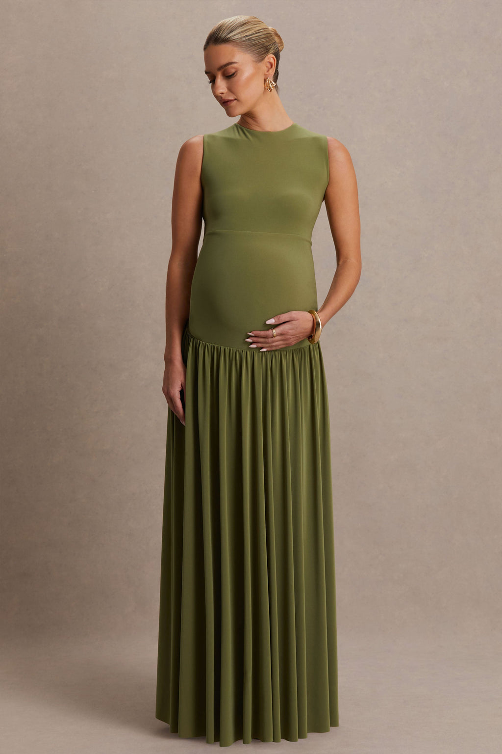 Outline Olive Crew-Neck Maternity Maxi Dress With Pleated Skirt – back view