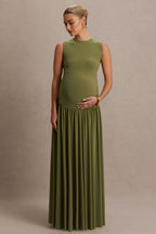 Outline Olive Crew-Neck Maternity Maxi Dress With Pleated Skirt – back view