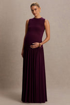 Outline Plum Crew-Neck Maternity Maxi Dress With Pleated Skirt – back view