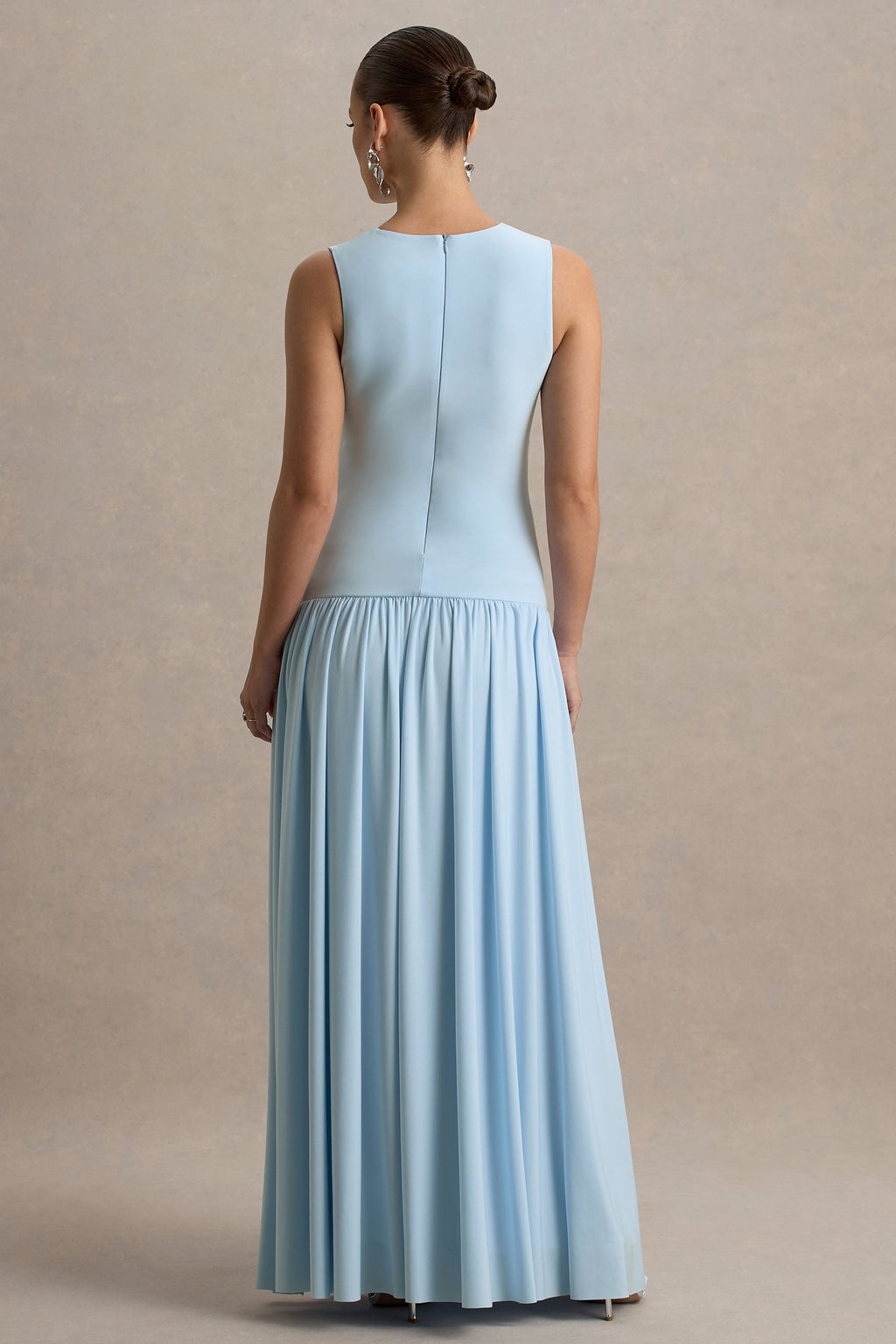 Outline Powder Blue Crew-Neck Maternity Maxi Dress With Pleated Skirt – lifestyle photo