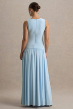 Outline Powder Blue Crew-Neck Maternity Maxi Dress With Pleated Skirt – lifestyle photo