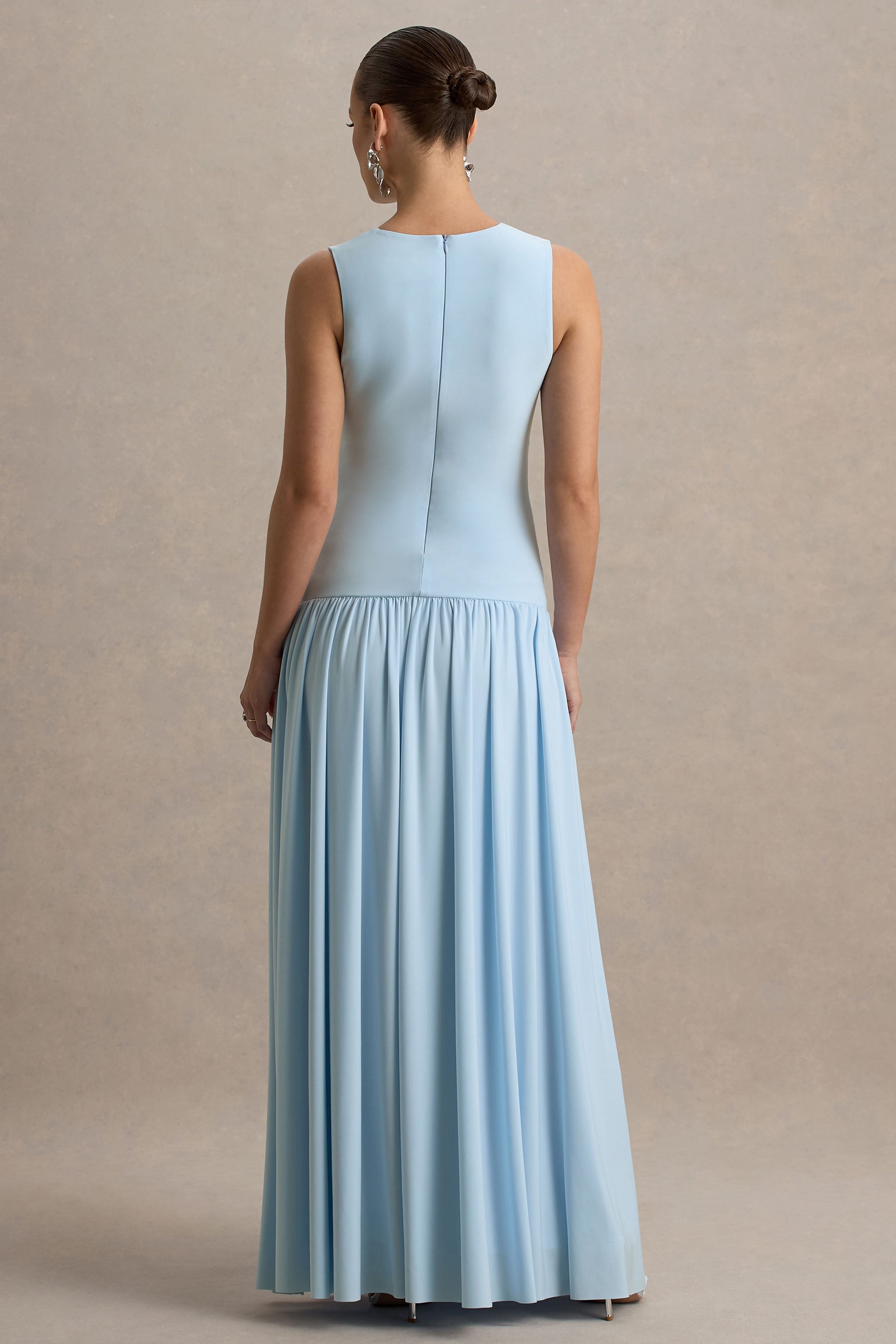 Outline Powder Blue Crew-Neck Maternity Maxi Dress With Pleated Skirt – lifestyle photo