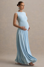 Outline Powder Blue Crew-Neck Maternity Maxi Dress With Pleated Skirt – side view