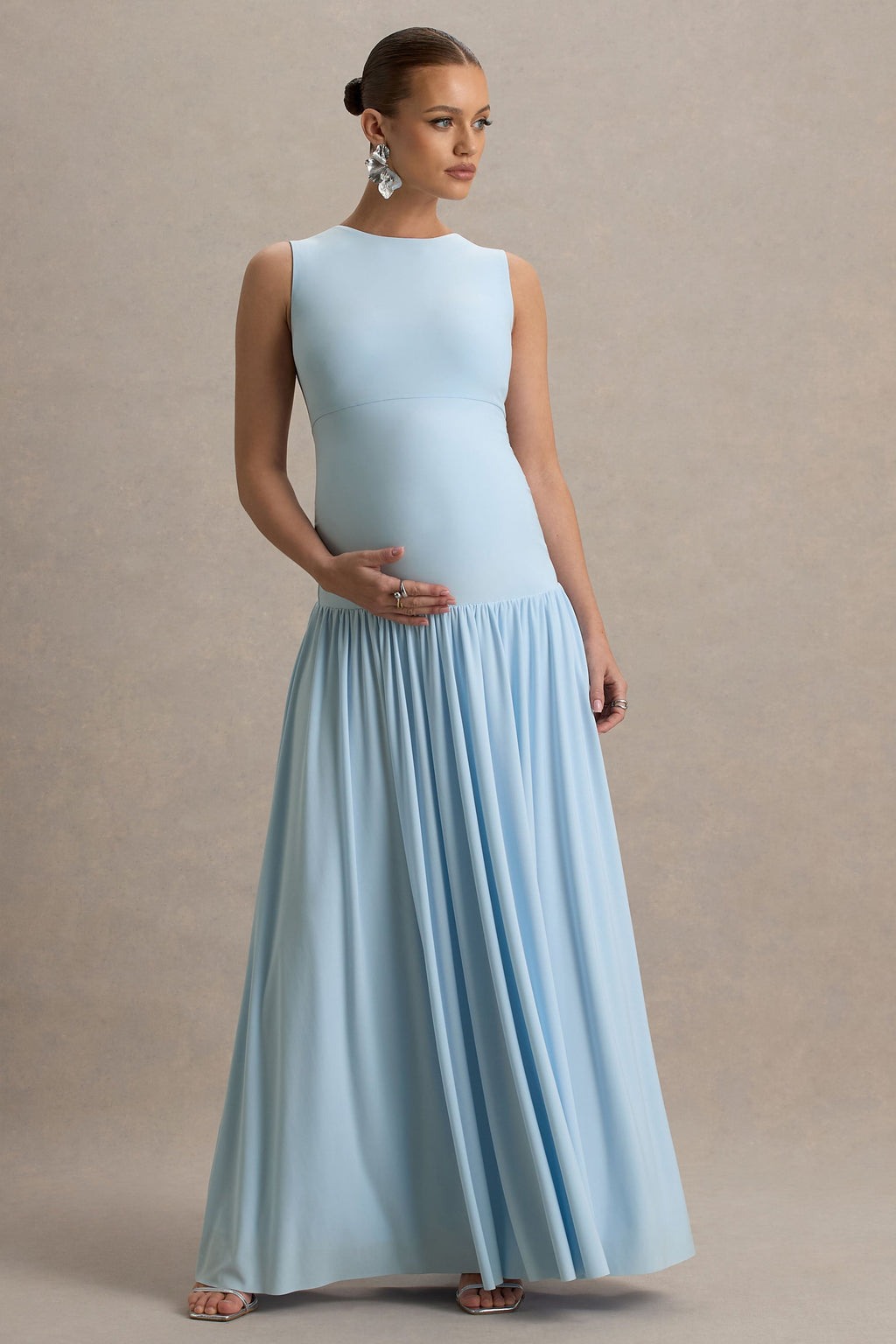 Outline Powder Blue Crew-Neck Maternity Maxi Dress With Pleated Skirt – back view