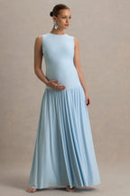 Outline Powder Blue Crew-Neck Maternity Maxi Dress With Pleated Skirt – back view
