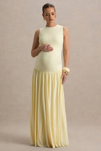 Outline Lemon Crew-Neck Maternity Maxi Dress With Pleated Skirt – back view