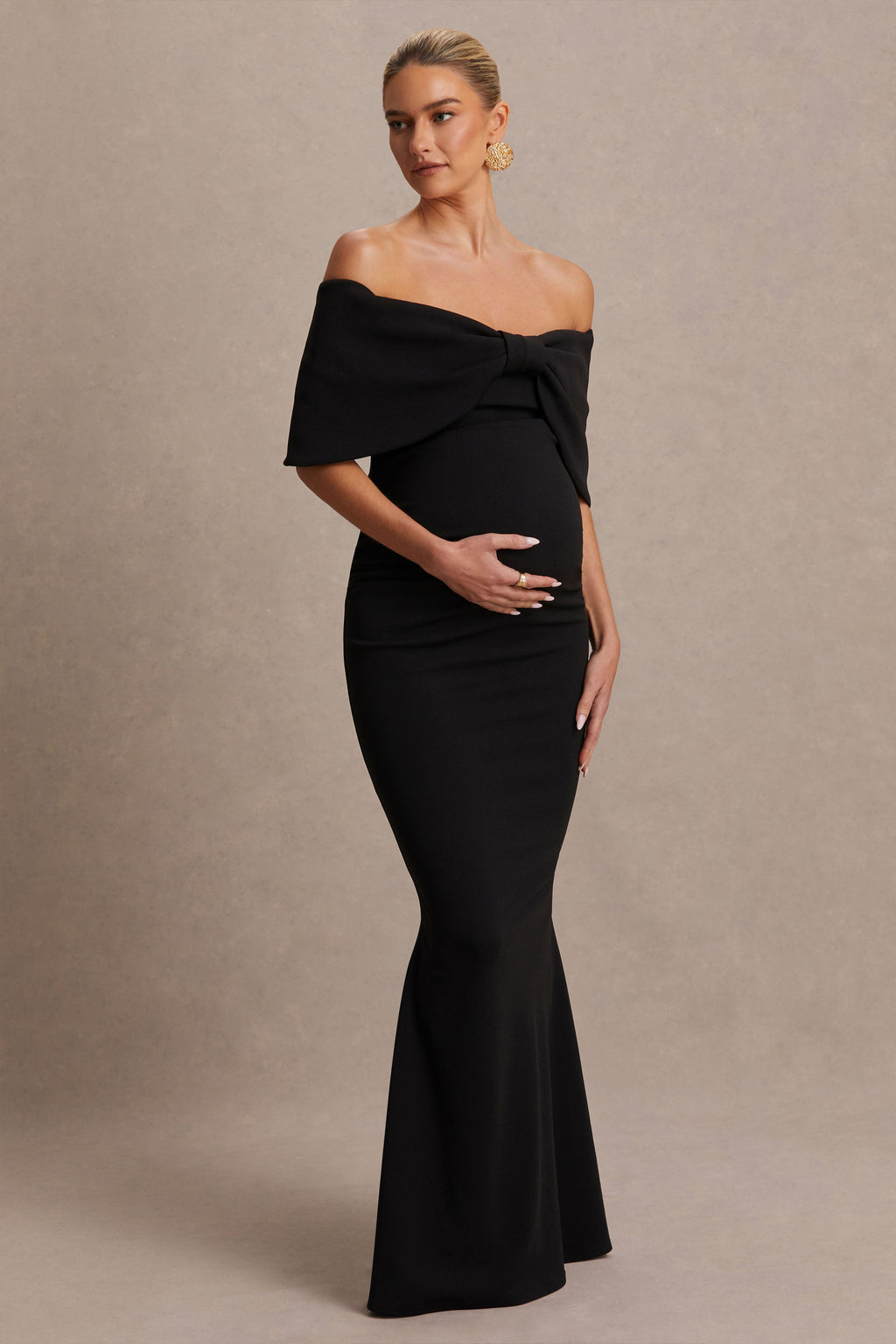 Libra Black Bow Bardot Maternity Maxi Dress – front view