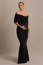 Libra Black Bow Bardot Maternity Maxi Dress – front view