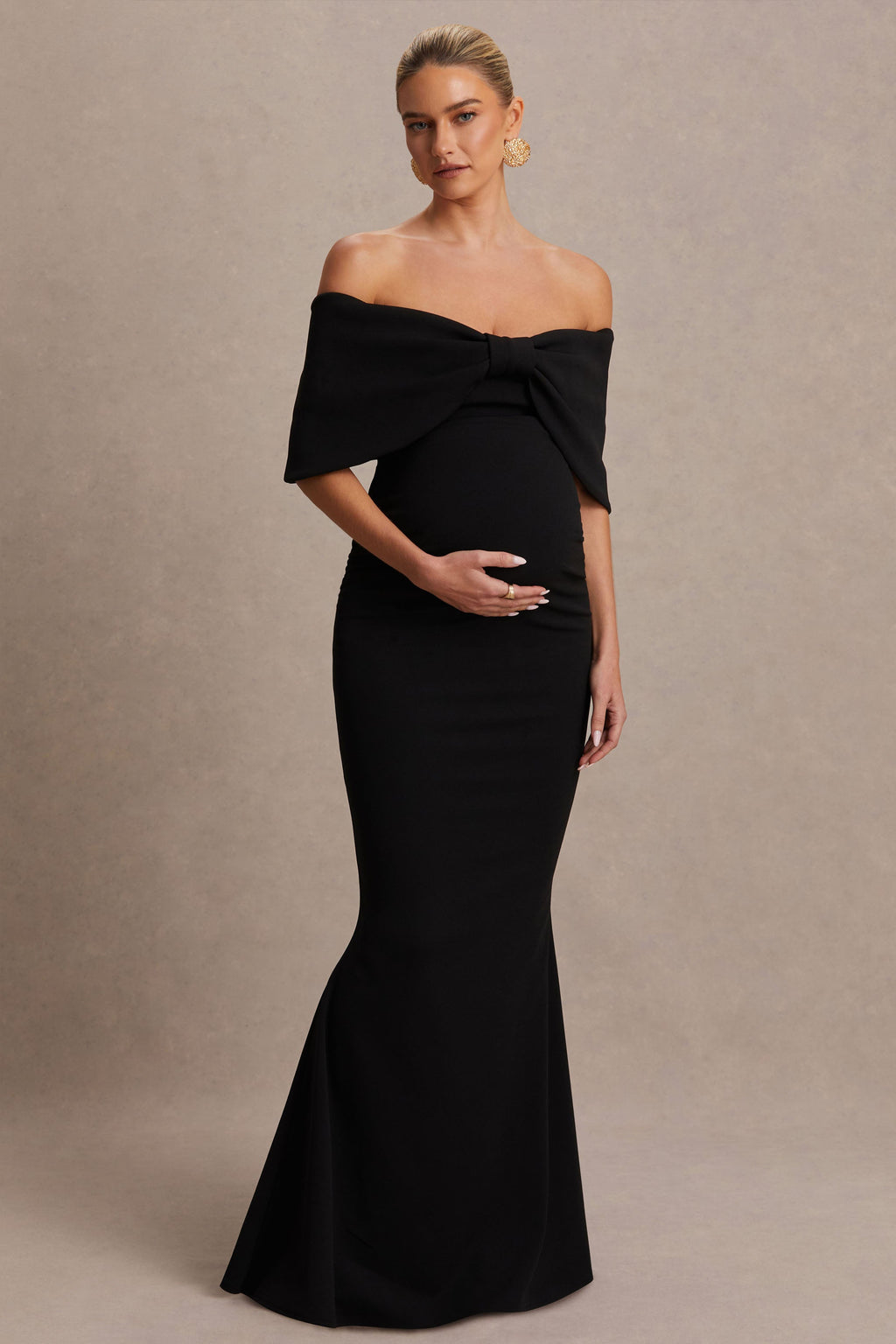 Libra Black Bow Bardot Maternity Maxi Dress – side view