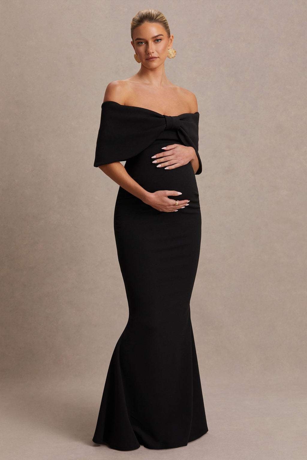 Libra Black Bow Bardot Maternity Maxi Dress – back view