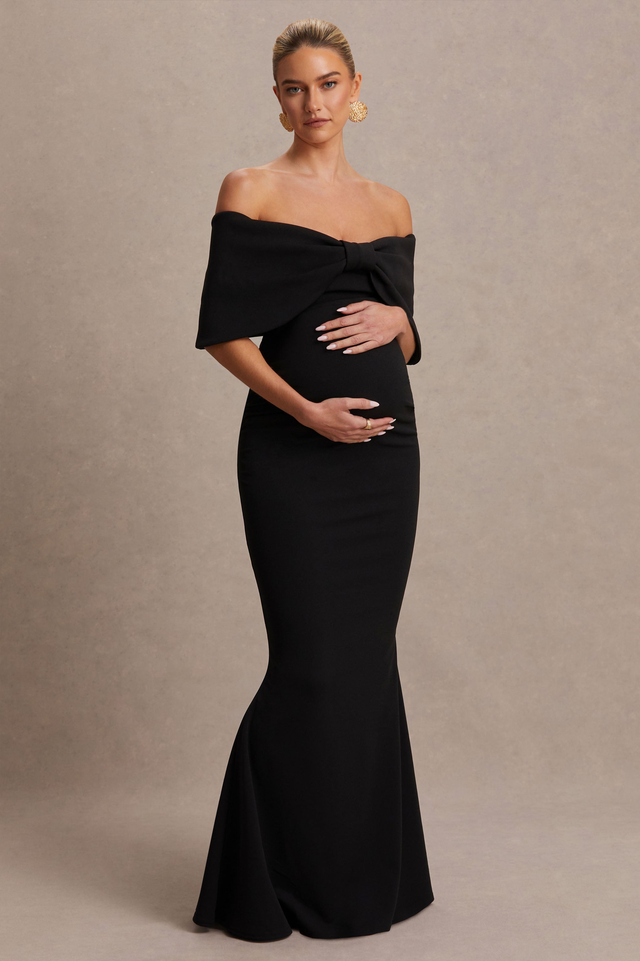 Libra Black Bow Bardot Maternity Maxi Dress – back view
