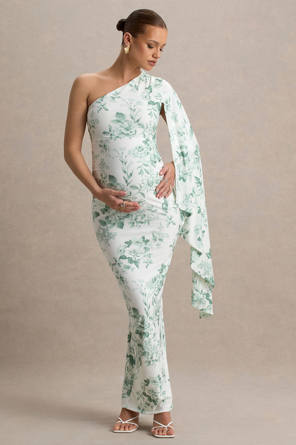 Aliana Green Porcelain Print Asymmetric Maternity Maxi Dress With Ruched Detailing – front view