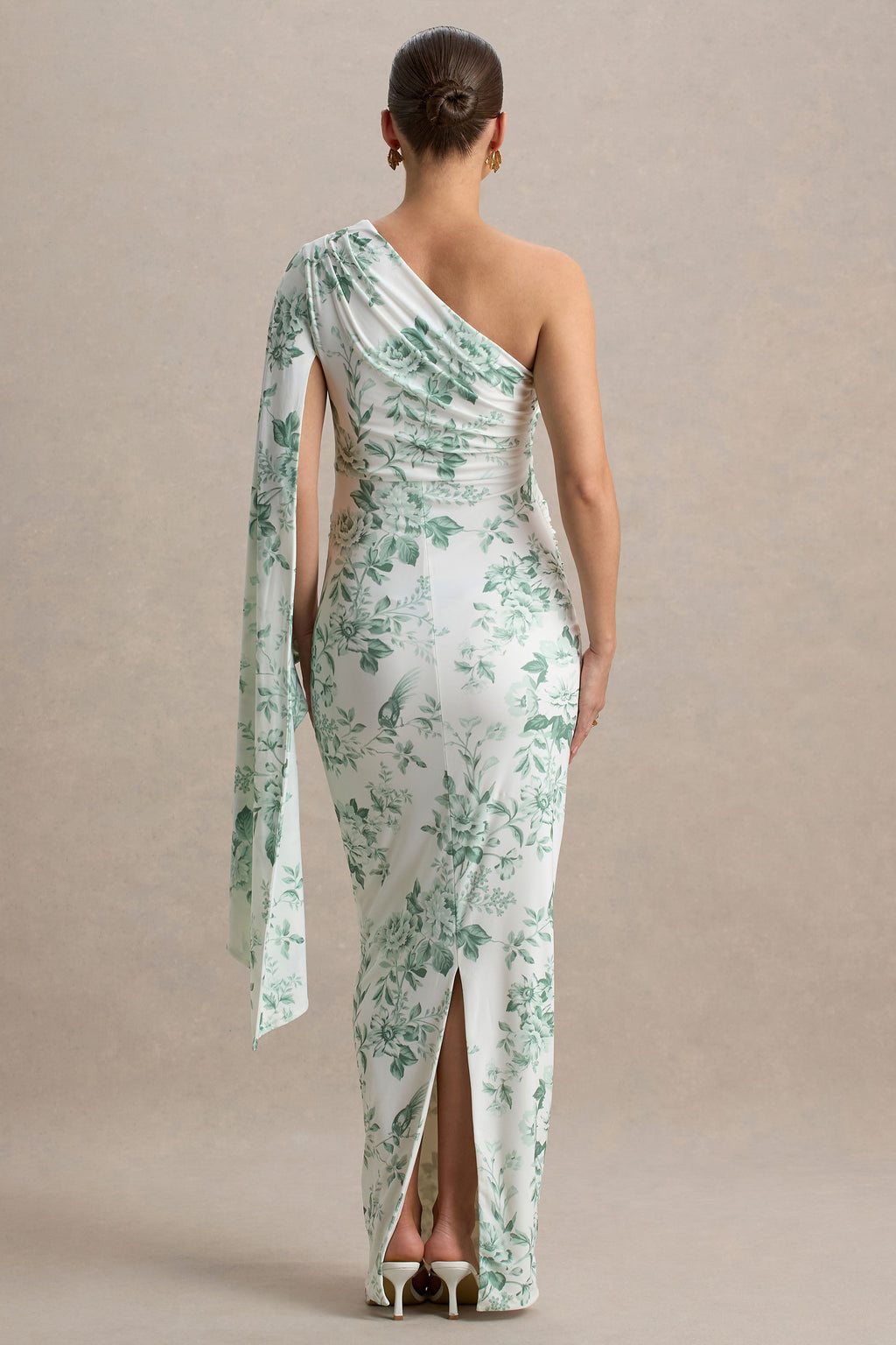 Aliana Green Porcelain Print Asymmetric Maternity Maxi Dress With Ruched Detailing – lifestyle photo