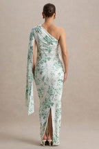 Aliana Green Porcelain Print Asymmetric Maternity Maxi Dress With Ruched Detailing – lifestyle photo