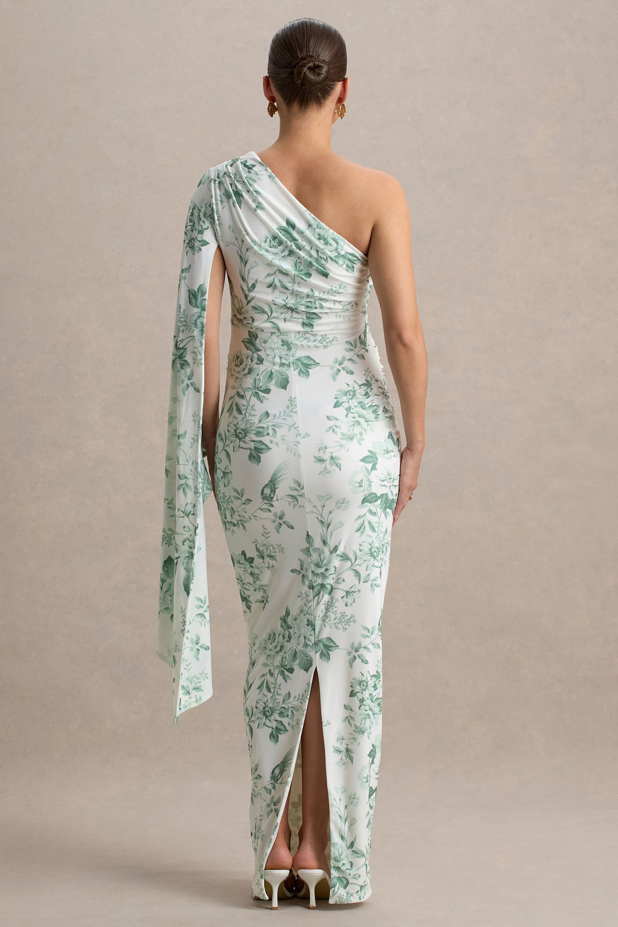 Aliana Green Porcelain Print Asymmetric Maternity Maxi Dress With Ruched Detailing – lifestyle photo