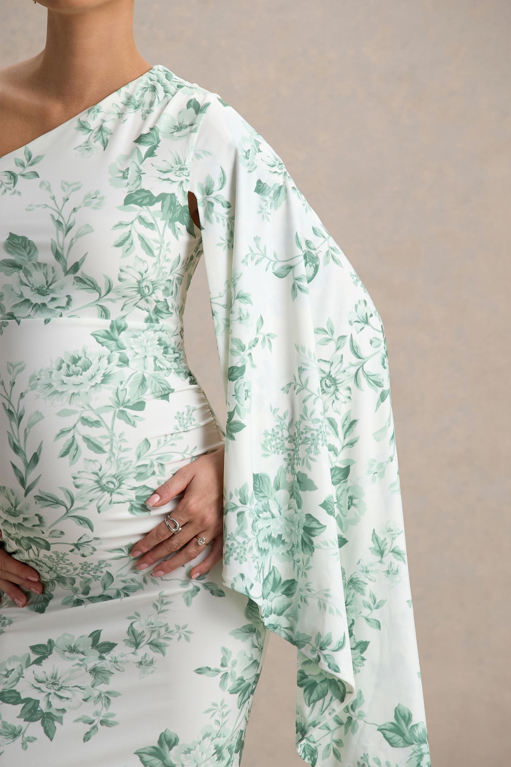 Aliana Green Porcelain Print Asymmetric Maternity Maxi Dress With Ruched Detailing – detail shot